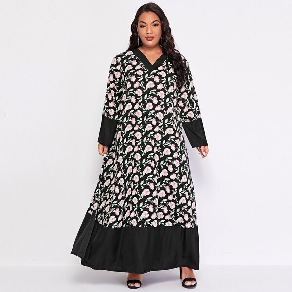 

Plus Floral Print V Neck Maxi Dress, Multicolor