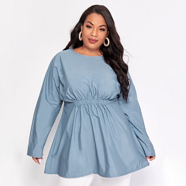 

Plus Solid Drop Shoulder Elastic Detail Blouse, Dusty blue