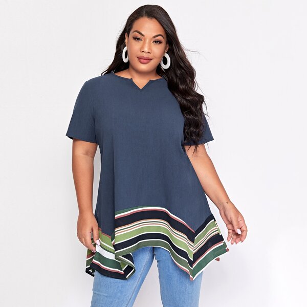

Plus Striped Print Asymmetrical Hem Blouse, Navy blue