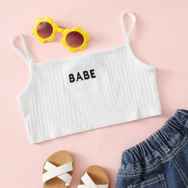 

Girls Embroidery Letter Crop Cami Top, White