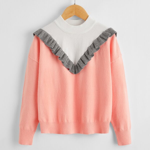 

Girls Drop Shoulder Ruffle Detail Colorblock Sweater, Multicolor