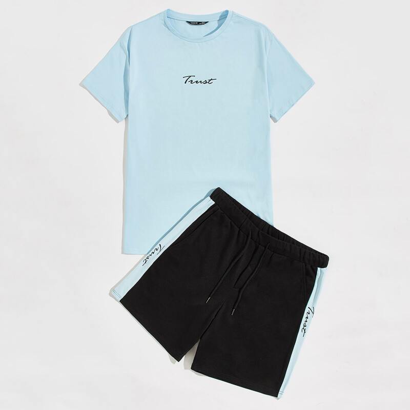 

Guys Letter Graphic Tee and Contrast Sideseam Track Shorts Set, Multicolor