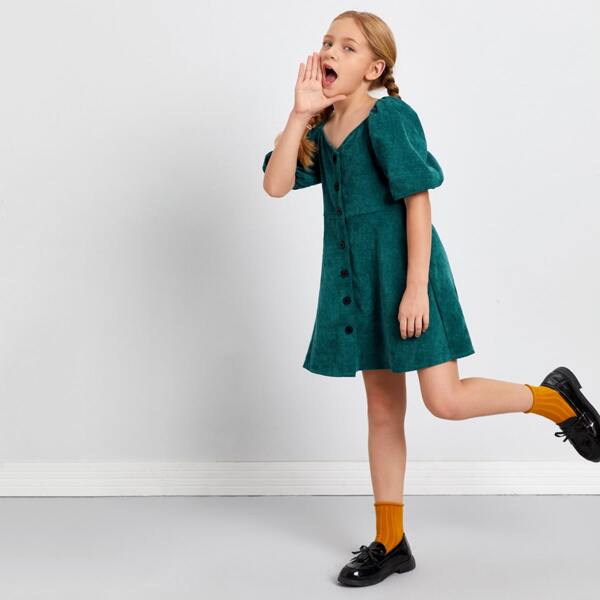 

Girls Bishop Sleeve Button Front Cord Dress, Teal blue