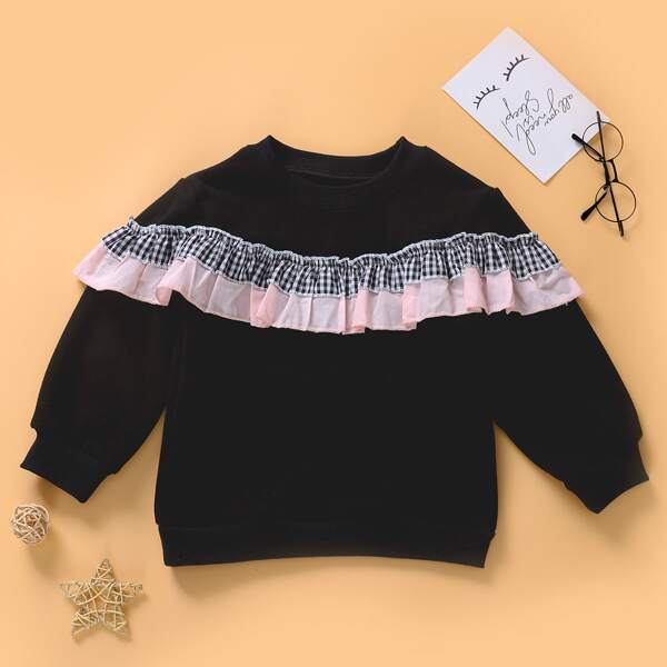 

Toddler Girls Gingham Ruffle Detail Sweatshirt, Black