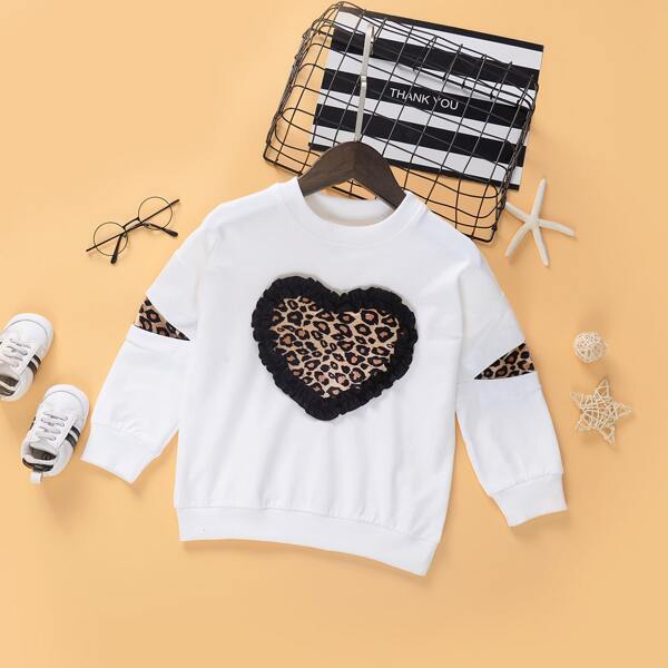 

Toddler Girls Leopard Panel Frill Heart Sweatshirt, White