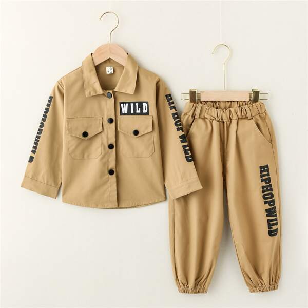 

Toddler Boys Letter Graphic Flap Pockets Jacket With Pants, Khaki