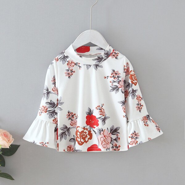 

Toddler Girls Floral Print Flounce Sleeve Blouse, White