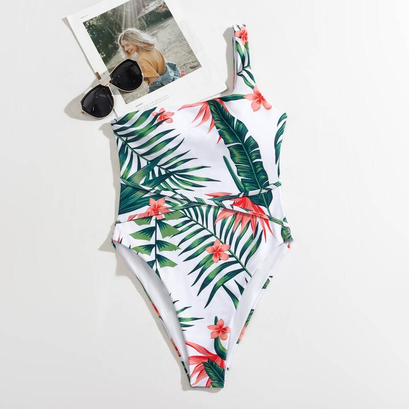 

Tropical & Floral One Shoulder One Piece Swimsuit, Multicolor