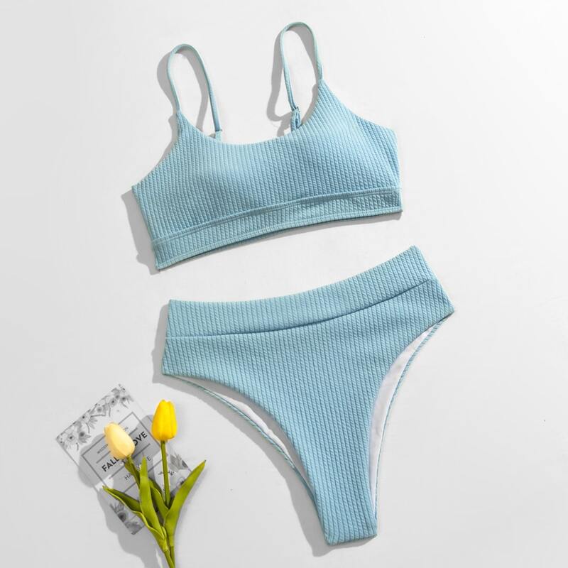 

Rib High Waisted Bikini Swimsuit, Pastel baby blue