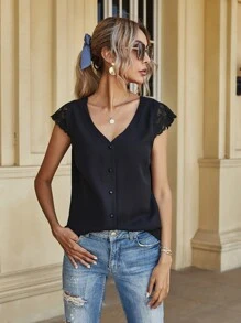 Double V Neck Lace Panel Button Up Blouse - Black - View 2