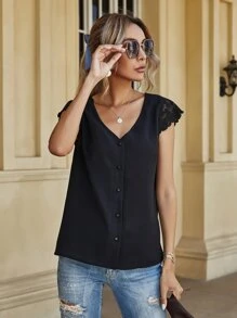 Double V Neck Lace Panel Button Up Blouse - Black - View 3