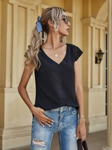 Double V Neck Lace Panel Button Up Blouse - Black - View 5