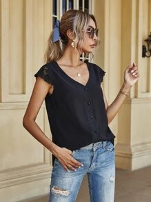 Double V Neck Lace Panel Button Up Blouse - Black - View 6