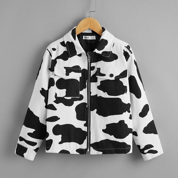 

Boys Cow Print Flap Pocket Front Jacket, Black and white