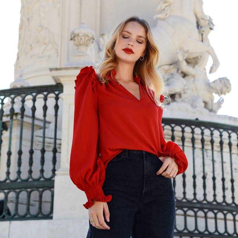 

Notched Neck Ruffle Trim Shirred Cuff Top, Red bright