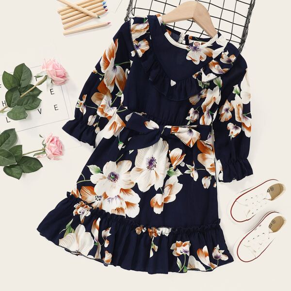 

Toddler Girls Floral Print Ruffle Trim Belted Dress, Multicolor