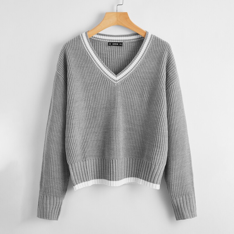 

Striped Trim Drop Shoulder Sweater, Grey