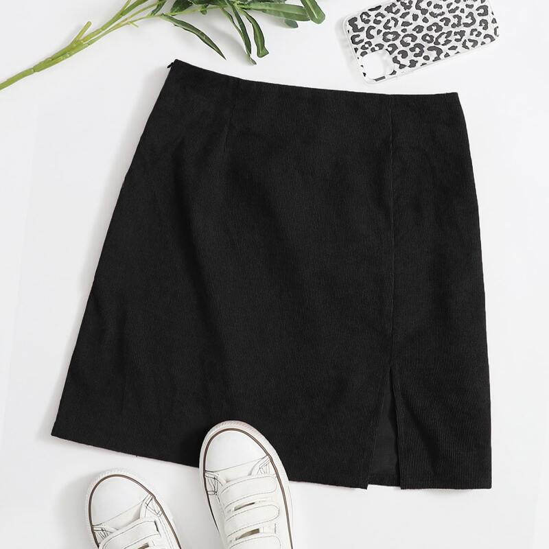 

Split Hem Cord Skirt, Black