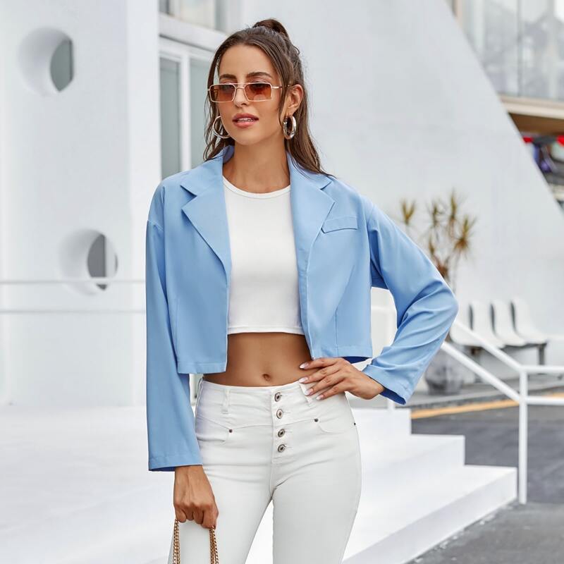 

Solid Lapel Neck Crop Blazer, Baby blue