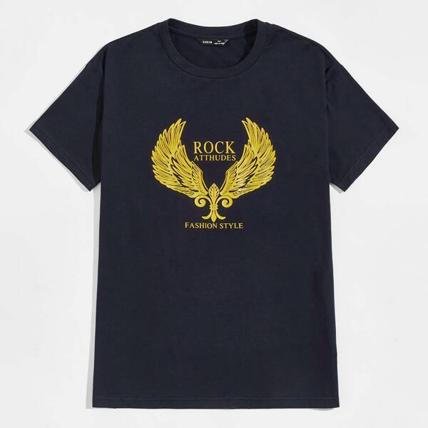 

Men Letter and Graphic Print Tee, Navy blue