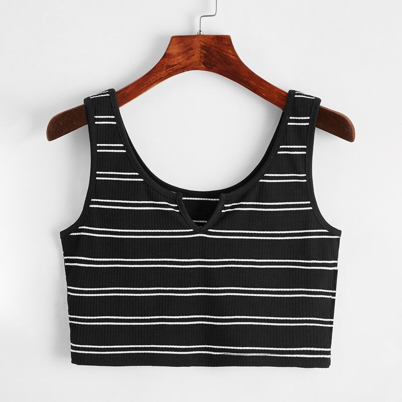 

Striped Notched Neck Crop Tank, Black