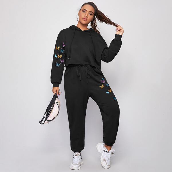 

Plus Butterfly Print Drop Shoulder Hoodie and Sweatpants Set, Black
