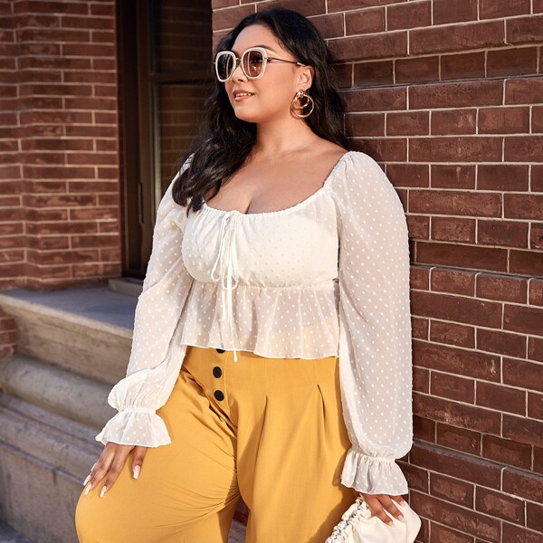 

Plus Tie Front Swiss Dot Peplum Top, White
