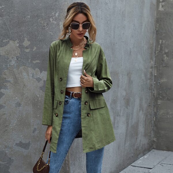 

Double Breasted Solid Trench Coat, Army green