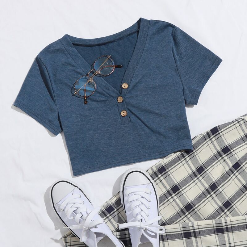 

V Neck Crop Tee, Dusty blue