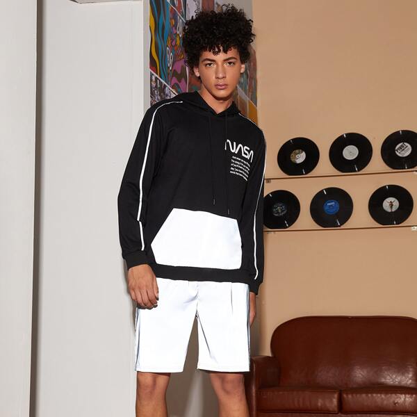 

Men Letter Graphic Side Striped Hoodie & Reflective Shorts, Multicolor