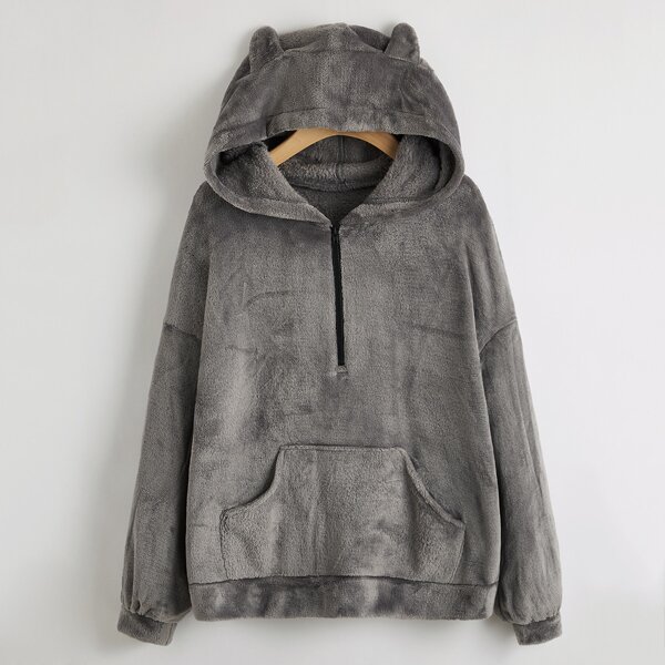 

Half Zip Kangaroo Pocket Flannel Ear Hoodie, Dark grey