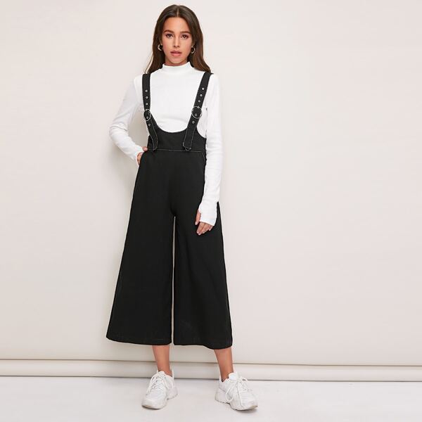 

O-ring Garment Eyelets Wide Leg Suspender Jumpsuit, Black
