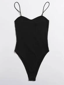 SHEIN Essnce Áo liền quần chặt Gân đan màu trơn Giải trí - màu đen - Xem 3