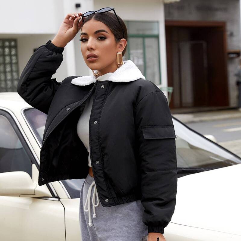 

Contrast Collar Flap Pocket Puffer Jacket, Black