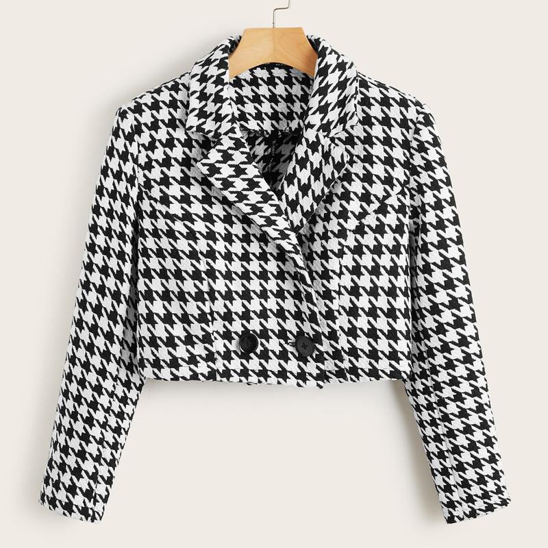 

Notched Collar Buttoned Front Houndstooth Blazer, Black and white