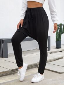 SHEIN Knot Front Solid Drop Crotch Trousers - Black - View 1