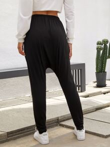 SHEIN Knot Front Solid Drop Crotch Trousers - Black - View 2