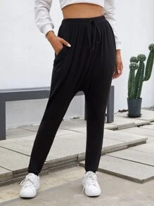 SHEIN Knot Front Solid Drop Crotch Trousers - Black - View 5