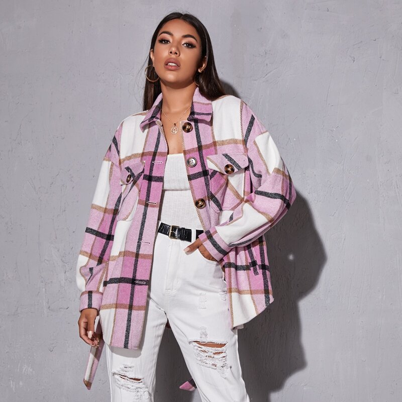 

Flap Pocket Front Belted Plaid Coat, Multicolor