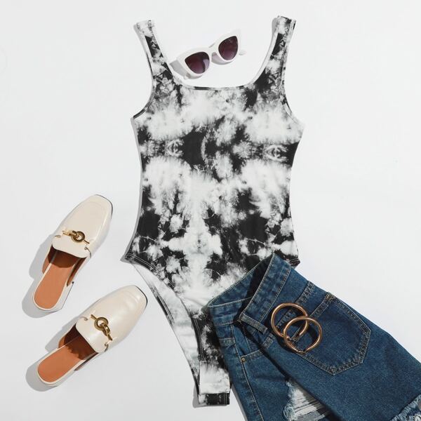 

Tie Dye Tank Bodysuit, Black and white