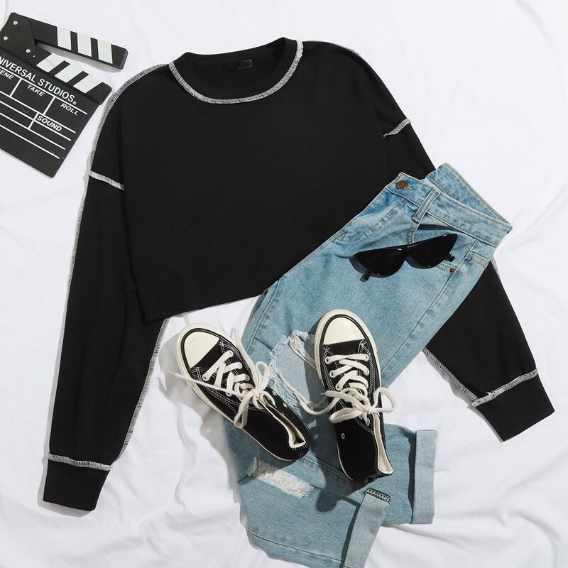 

Drop Shoulder Contrast Stitch Pullover, Black