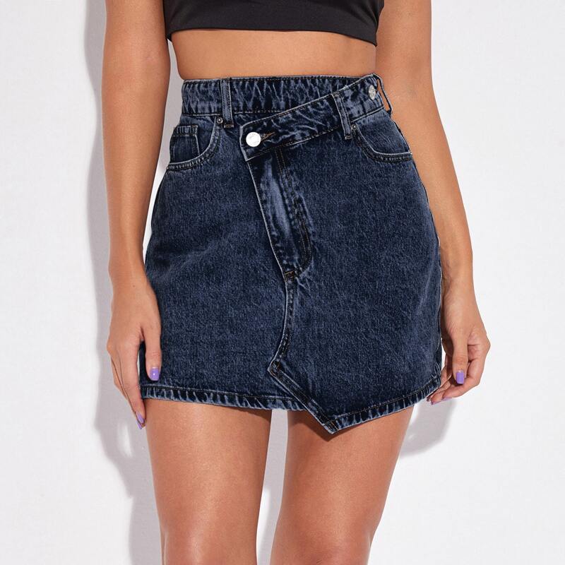 

High Waist Denim Asymmetrical Skirt, Dark wash