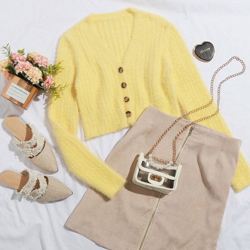 

Button Front Fuzzy Knit Cardigan, Yellow bright
