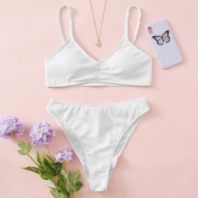 

Ruched High Waist Bikini Swimsuit, White