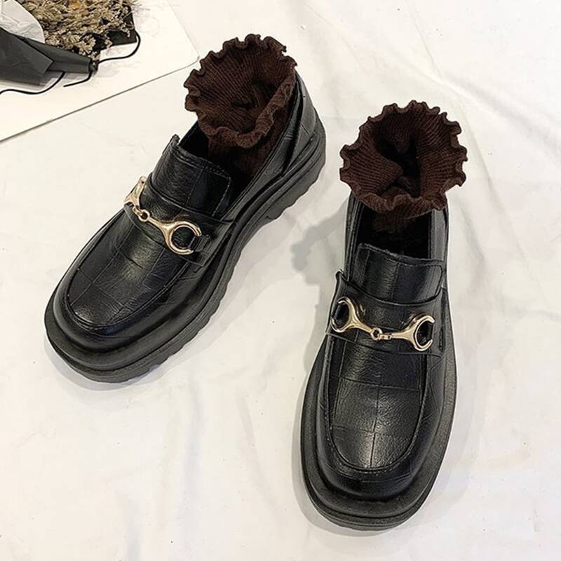 

Buckle Decor Platform Slip On Flats, Black