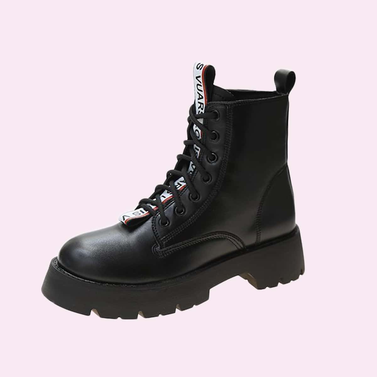 

Letter Graphic Lace-up Combat Boots, Black