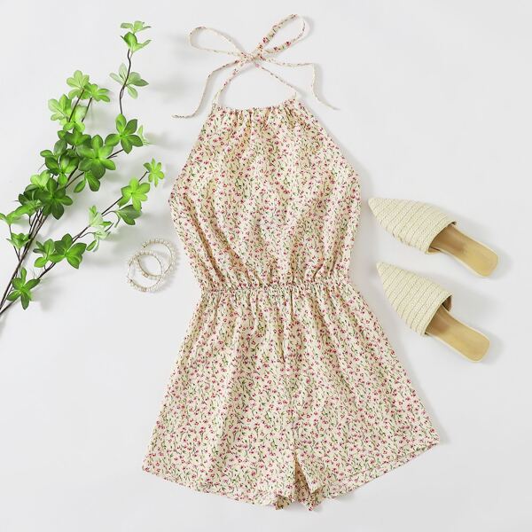 

Ditsy Floral Print Tie Back Halter Romper, Apricot