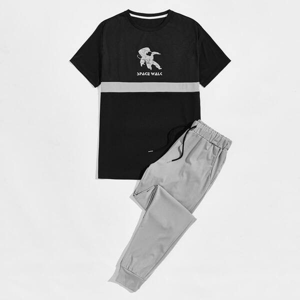 

Men Astronaut Print Tee With Drawstring Joggers, Multicolor