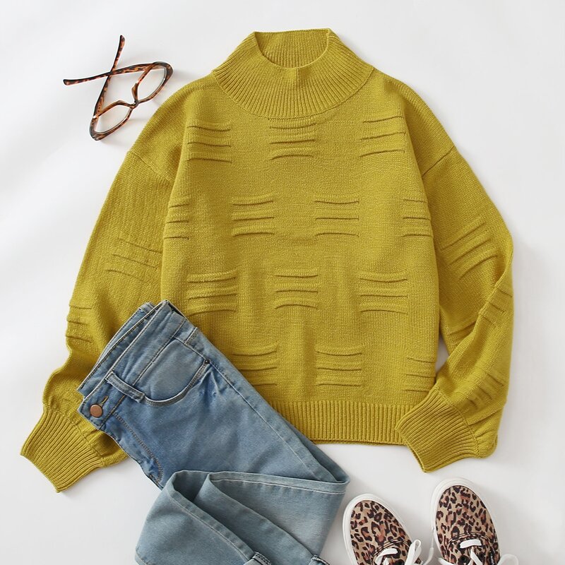 

High Neck Drop Shoulder Sweater, Mustard yellow