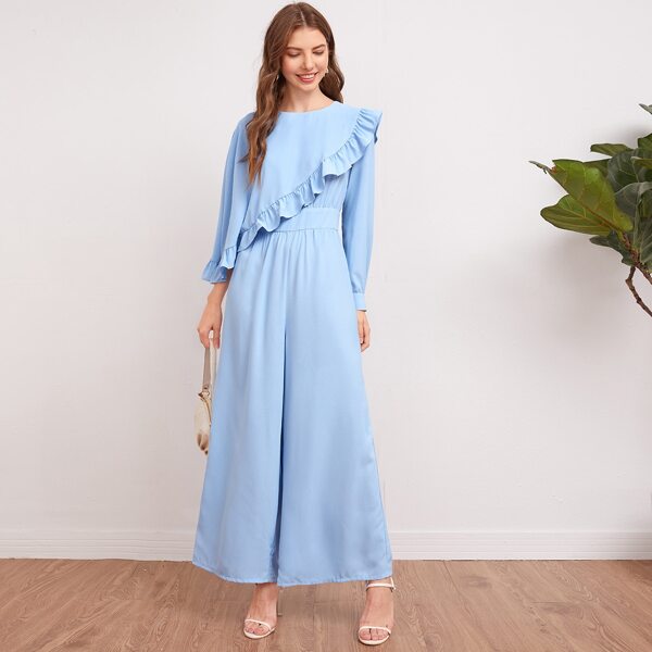 

Ruffle Trim Zipper Back Wide Leg Jumpsuit, Baby blue